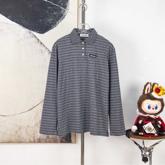 Miu Miu Gray Striped Long Sleeve Tee - Picture 1 of 10